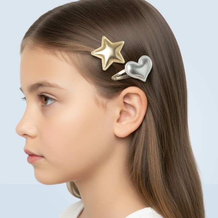 Piccola - Haarclip-Set mit Sternchen und Herz in Gold & Silber